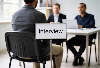 Candidate facing panel of interviewers across a desk in a bright office setting, foreground sign reads "Interview".