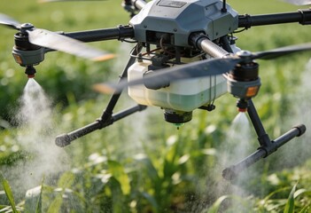 Modern farming drone equipped with spray nozzles applying liquid fertilizer or pesticide over a green field.