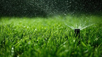 Lush Green Grass Sprinkled with Glistening Water Droplets Under Bright Sunlight in an Outdoor Setting Perfect for Lawn Maintenance and Gardening Content