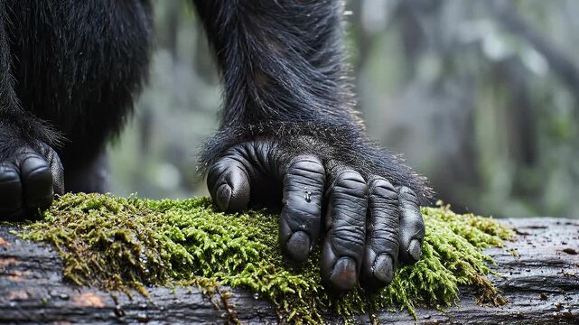 Close-up of dark furred primate hands gripping a mossy log in a forest setting.