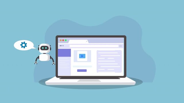 Flat animation of a laptop displaying an AI assistant dashboard with a robot helper. Modern concept for artificial intelligence, automation, smart technology, and digital workflow.
