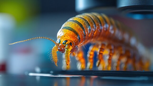 Detailed close-up of a tapeworm under a microscope, revealing intricate textures and vivid colors. The segmented body and microscopic details of the parasite are clearly visible under magnification.