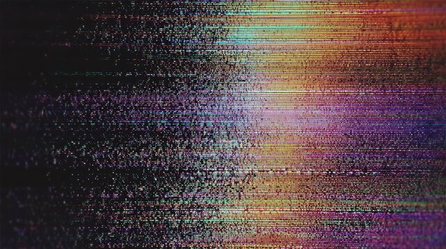 Glitch effect background simulating old TV error and white noise with colorful abstract overlay, retro tech