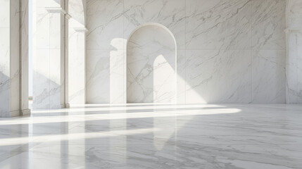 Minimalist white marble mosque architecture with large copy space background