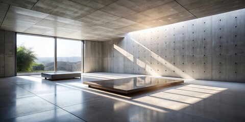 Obraz premium Sunlit Minimalist Interior with Concrete Walls and Polished Floors, Featuring Two Low Platforms