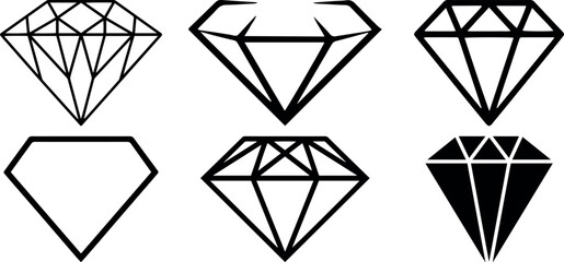 Diamond Icons Set Black Outline and Solid jewel