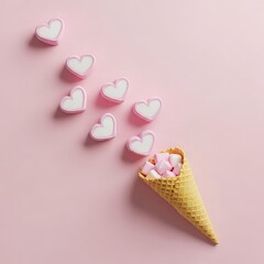 Heart-Shaped Marshmallows Flowing from Ice Cream Cone, Pink Background, Valentine's Day