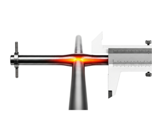 Metal caliper measuring diameter of glowing hot steel cylinder on a transparent background