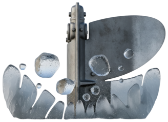 Metal ship rudder breaking through frozen ice chunks in cold water on a transparent background