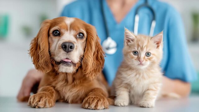 Adorable Cocker Spaniel Puppy and Ginger Kitten Together at Veterinary Clinic with Veterinarian in Blue Scrubs and Stethoscope Professional Pet Care and Animal Health Concept