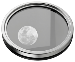 Circular metal porthole window looking out at full moon in grey sky on a transparent background