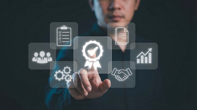 A businessman interacts with digital business icons and symbols, representing modern technology and innovation in a professional workspace, conveying success and achievement. - Powered by Adobe