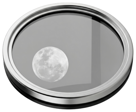 Circular metal porthole window looking out at full moon in grey sky on a transparent background - Powered by Adobe