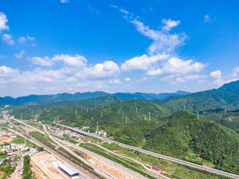Aerial High Speed Rail And Expressway View