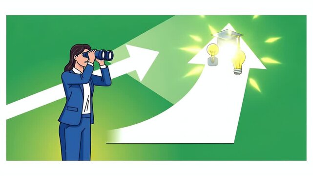 Businesswoman Looking Through Binoculars Towards Growth Arrow with Icons