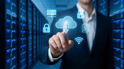 Businessman in server room interacting with cloud computing security interface, representing modern IT infrastructure and data protection