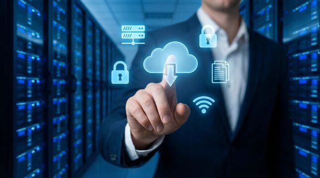 Businessman in server room interacting with cloud computing security interface, representing modern IT infrastructure and data protection