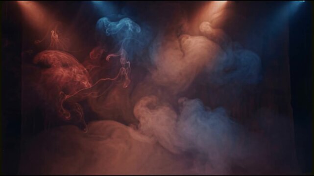 Stage haze drifting slowly in a dark cinematic environment with blue and red smoke clouds and soft overhead light beams creating a dramatic abstract background