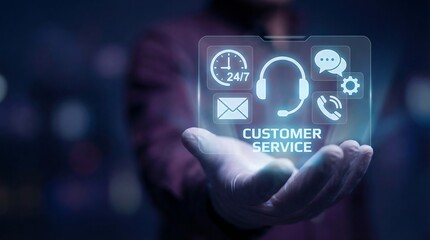 Glowing customer service icons float above a person's hand, symbolizing 24/7 support and assistance in a modern digital context.
