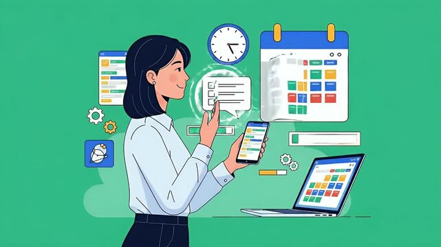 Businesswoman Works on Phone with Calendar Laptop and Tasks Green Background