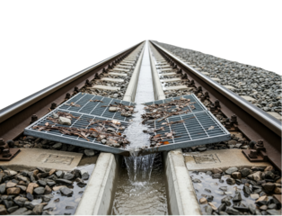 Perspective view of railway tracks with drainage grate and water on a transparent background