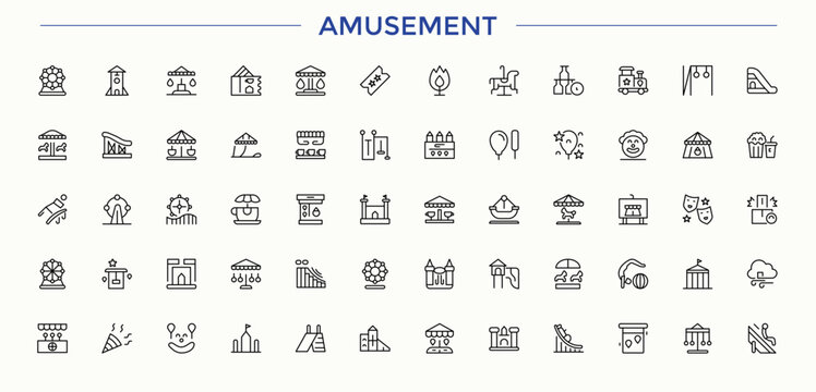 Set of Amusement line icon. Related to carnival, recreation, fun, park and more. Minimal icons set. Fun icon pack. Vector artwork and illustration.