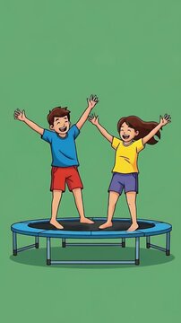 Children Jumping on Trampoline Footage Cartoon Style