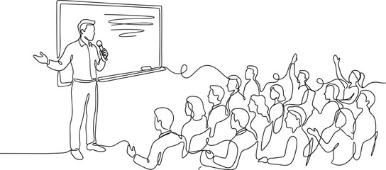 Line art presentation illustration showing a speaker with microphone teaching an audience in a classroom or seminar setting