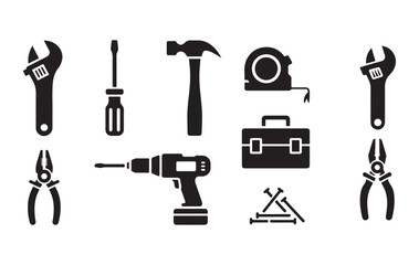 Fototapeta premium Assortment of construction and repair tools in silhouette: wrench, screwdriver, hammer, drill, pliers