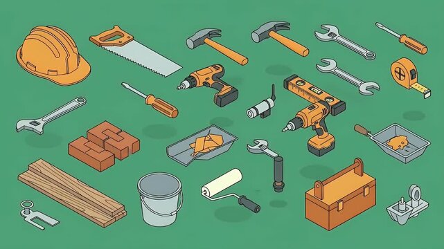 Construction Tools And Materials Flat Lay Isometric Design
