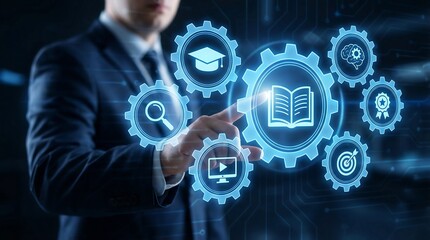 Businessman engaging with futuristic digital education icons, representing online learning and professional development in a modern corporate setting.