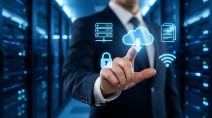 Businessman in a server room interacting with cloud computing icons, symbolizing data management and security in a modern digital environment.