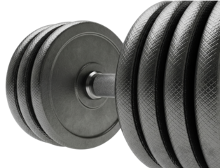 Heavy black metal dumbbell weight for gym fitness and bodybuilding on a transparent background