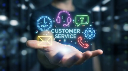 A modern customer service concept with 24/7 support icons, representing always-available assistance and care.