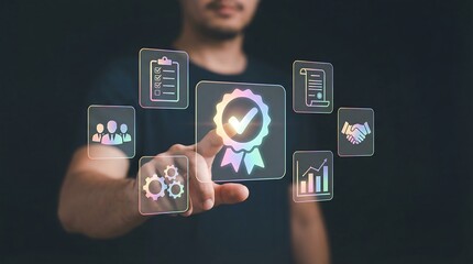 A businessman interacts with digital icons representing various business concepts, conveying innovation and strategy in a modern workspace.