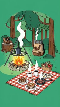 Campfire Breakfast Picnic In Green Forest With Stacked Pancakes