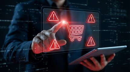 A businessman interacts with a digital interface displaying warning signs around a shopping cart, symbolizing caution in online transactions and digital commerce security risks.