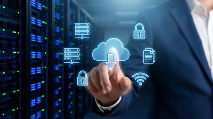Businessman in server room interacting with cloud computing security interface, representing modern data protection and network solutions