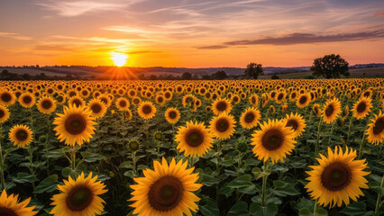 Vast Sunflower Field at Golden Hour Sunset.