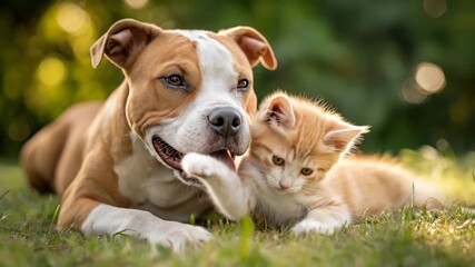 Adorable Pitbull dog and ginger kitten best friends resting together on lush green grass warm sunlight bokeh background unlikely animal companions heartwarming friendship gentle pets outdoor