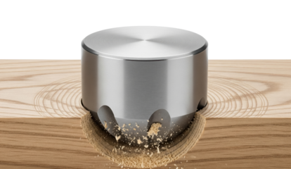 Metal drill bit cutting into wooden plank creating wood shavings on a transparent background