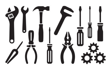 Fototapeta premium Collection of black silhouette tools and gears isolated on white background for repair and construction