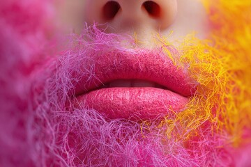 Close-up of a human mouth adorned with vibrant pink and yellow textured fibers, creating a striking visual effect against a blurred background with soft lighting