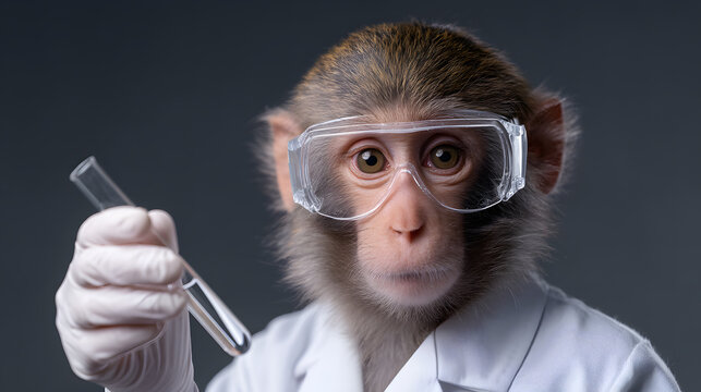 Scientist Monkey: A primate dons lab attire, gazing intently at a vial in a thought-provoking display of curiosity and scientific pursuit.