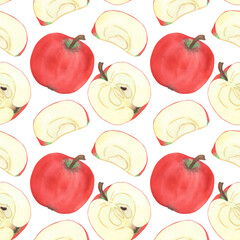 Illustration of an apple, slice, and half, hand-drawn watercolor fruit seamless pattern. Ripe realistic seasonal fruit.