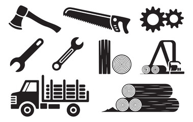 Obraz premium Black silhouette set of carpentry and forestry tools including axe saw wrench and transport truck