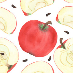 Illustration of an apple, slice, and half, hand-drawn watercolor fruit seamless pattern. Ripe realistic seasonal fruit.