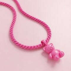 Pink Teddy Bear Necklace on Pink Background - Cute Jewelry Concept