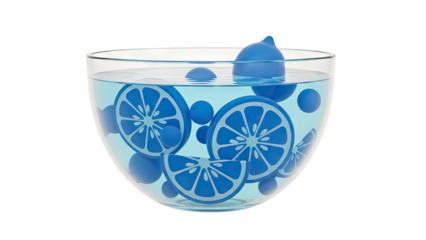 Blue Citrus Slices and Spheres in Water-Filled Glass Bowl
