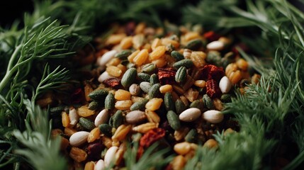 Fototapeta premium Close up of a vibrant mix of seeds grains and dried fruits garnished with fresh dill herbs